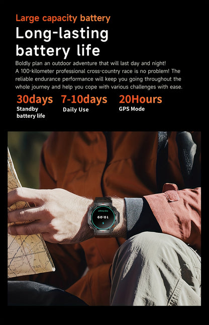 Men's Smartwatch - 1.39inch full touch HD Display, come with long range flashligh & GPS function, 530mAh large battery capacity, Wireless Calls/dial, compass, Music Control, massive sports modes, Zinc Alloy Case, Silicone and