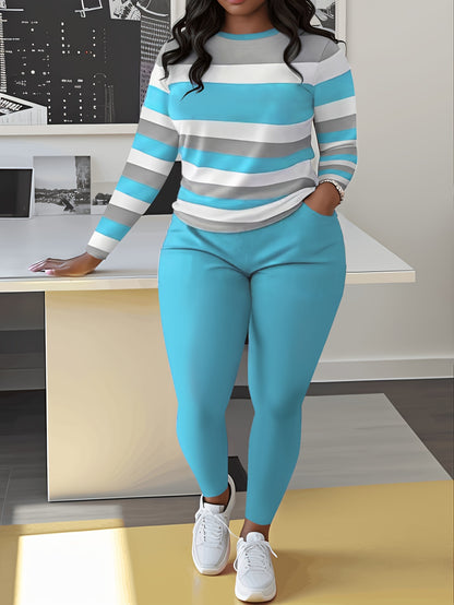 Unique Women's Striped Casual Set- Green And White, Long Sleeve Round Neck Top And Pants with Pockets, Weight Polyester Blend, Machine Washable, Comfortable Clothing| Pants| Polyester Blend