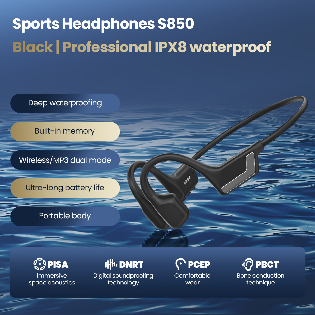 s850 Wireless Bone Conduction Headphones - 10 Hours Playtime, IPX8 High Quality, 23g Lightweight Design, Open-Ear, Bone Conduction Sports Headphones, Sweatproof for Swimming, Cycling, Running, Fitness and Travel - Perfect Gif
