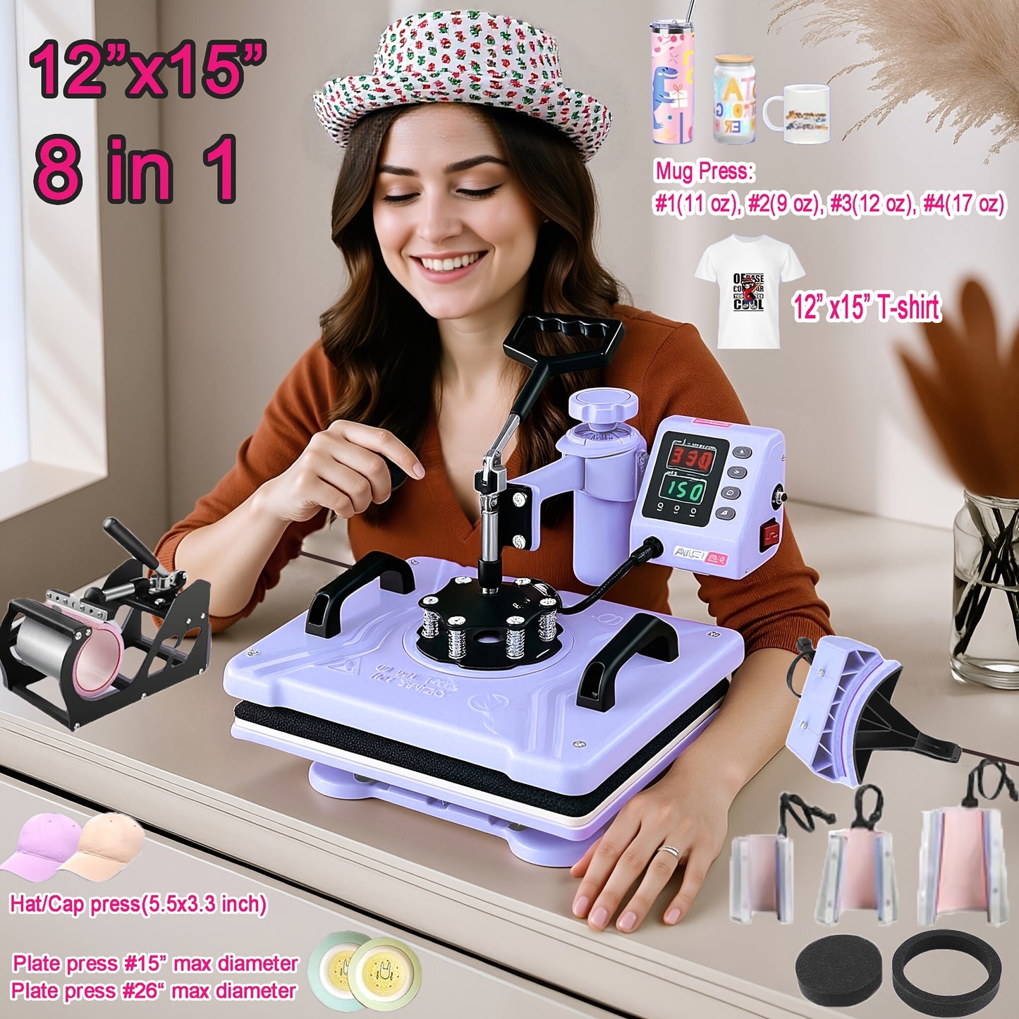 This Is a Versatile Heat Press Machine Combo Featuring an 8 in 1 And 5 in 1 Design, with Dimensions of 15"X15" And 15"X12". It Has a Rotatable Design And Is Suitable for Transferring Images Onto Various Items Such As T-Shirts