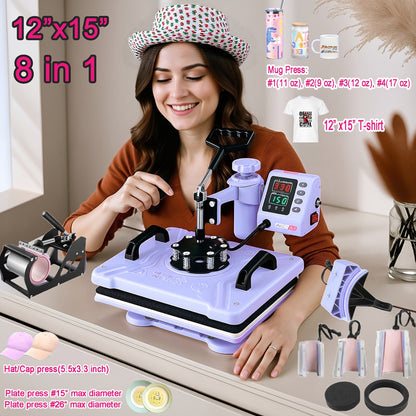 This Is a Versatile Heat Press Machine Combo Featuring an 8 in 1 And 5 in 1 Design, with Dimensions of 15"X15" And 15"X12". It Has a Rotatable Design And Is Suitable for Transferring Images Onto Various Items Such As T-Shirts