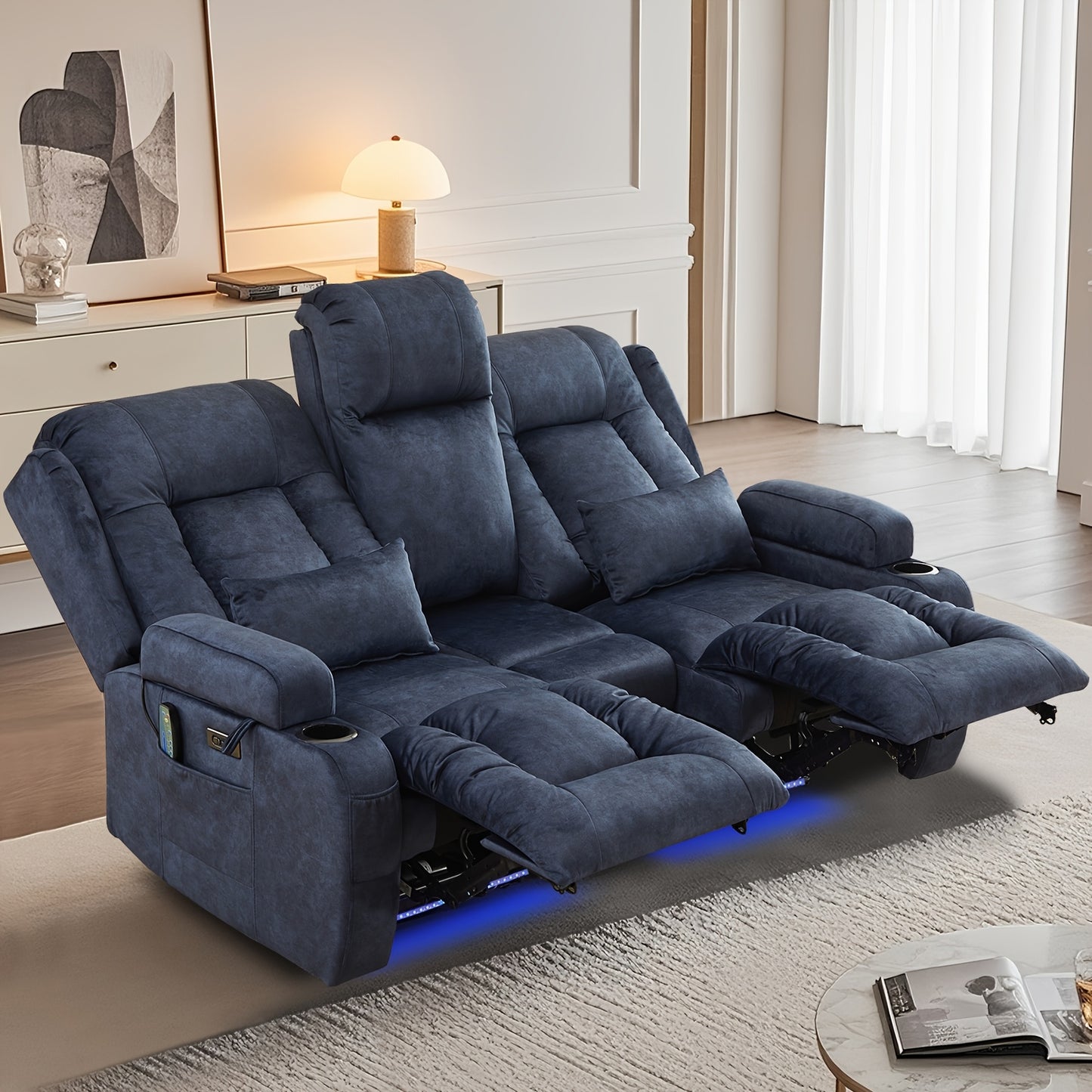 Power Loveseat Recliner Sofa, Home Theater Seating RV Couch with Massage and Heat, Flipped Backrest Console, LED Light, USB Outlets, Velvet