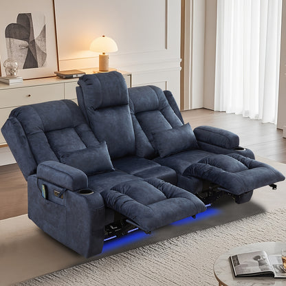 Power Loveseat Recliner Sofa, Home Theater Seating RV Couch with Massage and Heat, Flipped Backrest Console, LED Light, USB Outlets, Velvet
