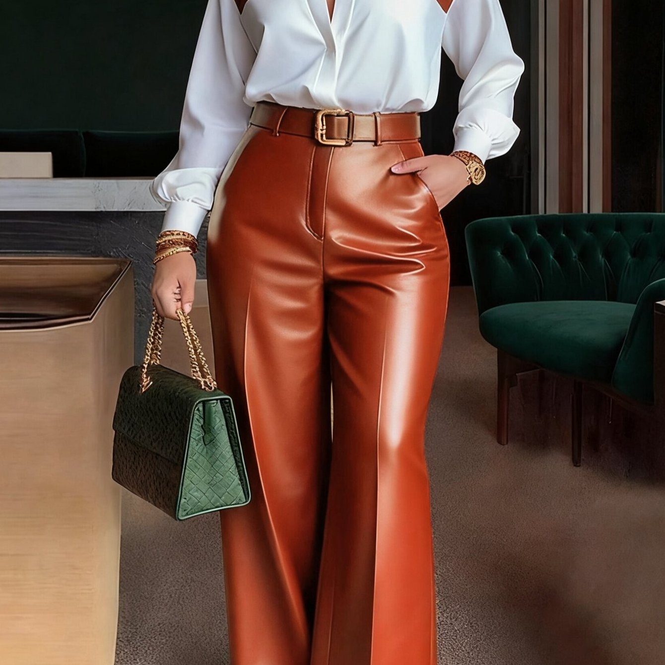 ARTPAGE Office Commuting Leather Pants Outfit, Long Sleeve Shirt + High-Waisted Wide-Leg Leather Pants Two-Piece Set