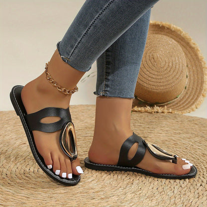 Women'S Roman Sandals with Metallic Buckle Strap - Slip-On Open-Toe Flat Sandals, PU Synthetic Cover Upper & Sole, Comfortable Casual Shoes for Casual Attire, Strappy Sandals, Everyday Footwear, Durable Footwear, Stylish Foot