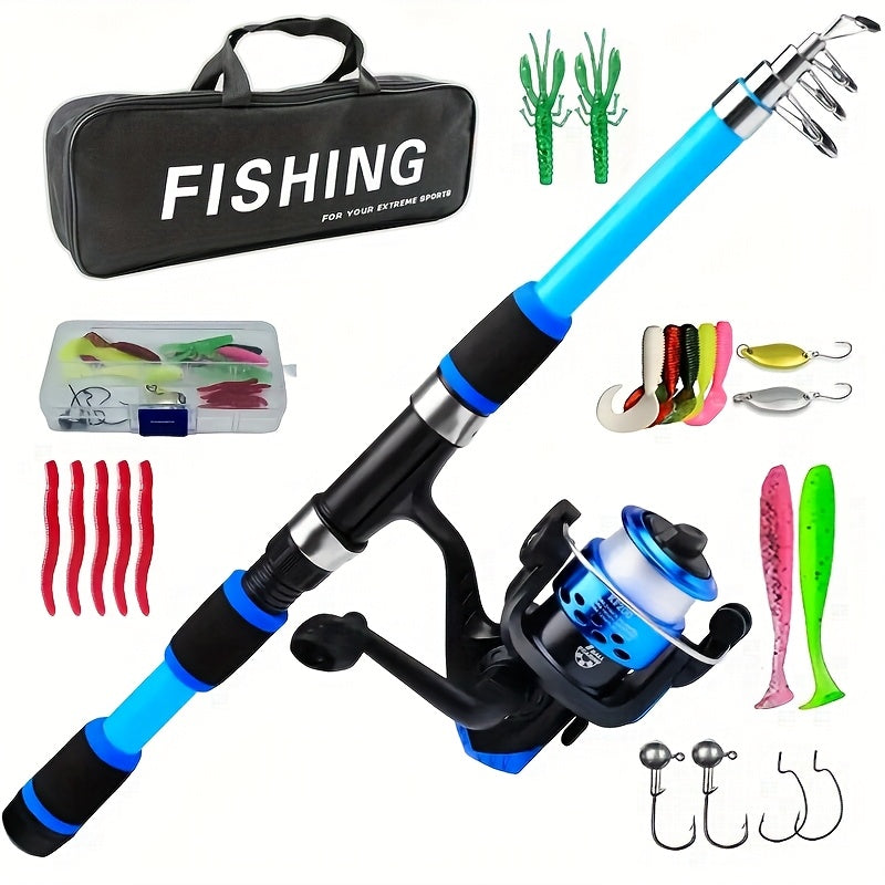 [Portable Fishing Rod Set] Portable All-in-One Fishing Gear Set | Telescopic Fishing Rod with Rotating Reel, Bait Hooks, Travel Case, Storage Bag, Soft Bait T-Shaped Tail Pre-Wound Spool Kit