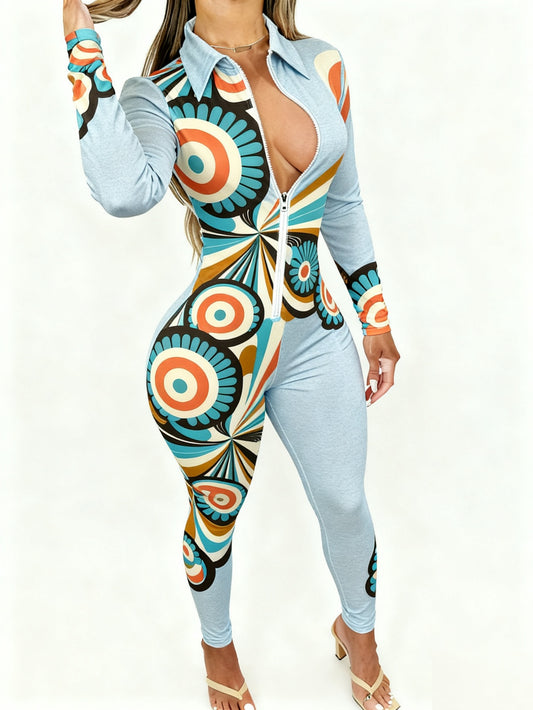 Plus Size - Women'S Christmas 2D Printed Jumpsuit | Long Sleeve with Zipper, Casual Style, Must-Have Holiday Gift, Versatile for Spring/Summer/Fall, All Over Print, Slight Stretch Fabric