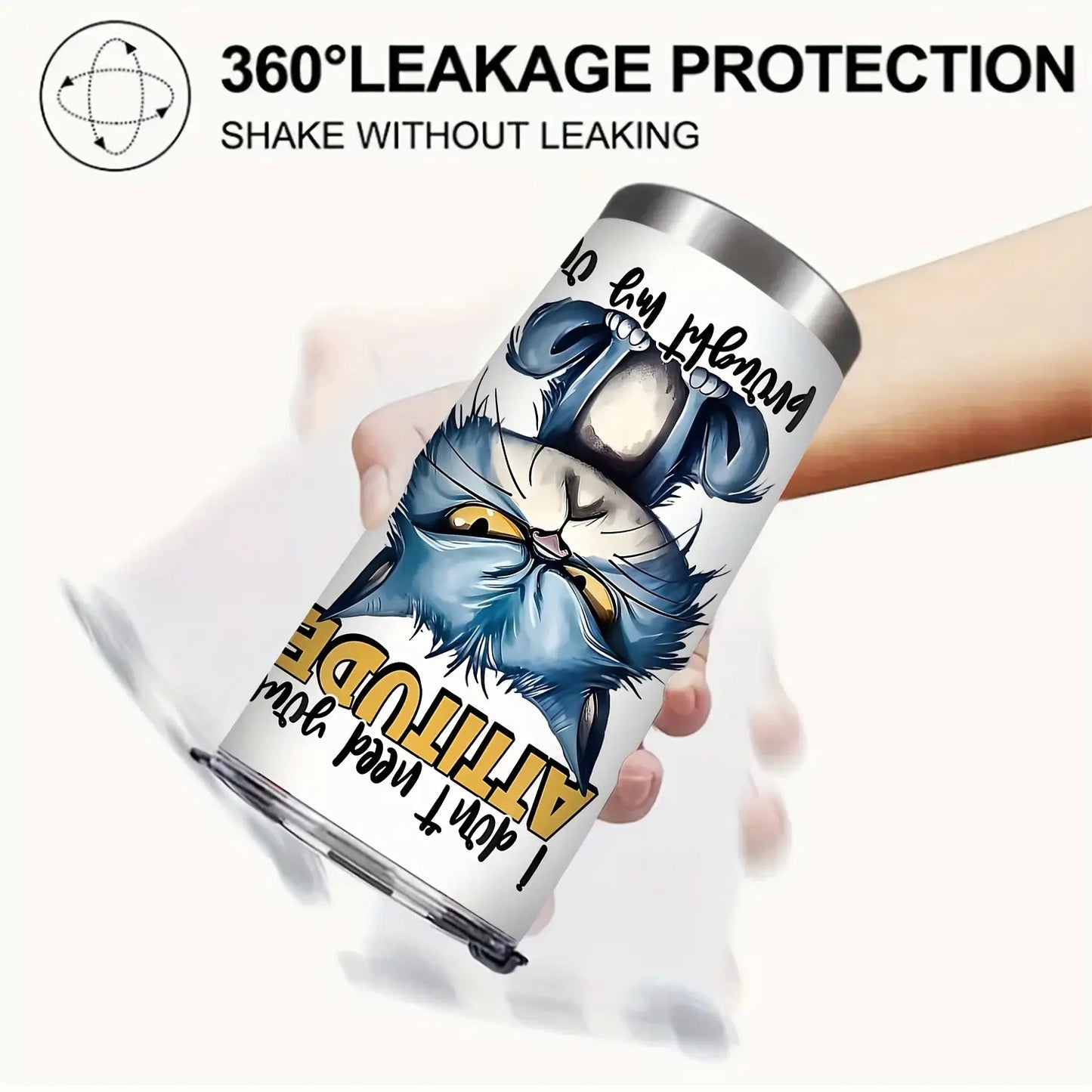 1pc 20oz Stainless Steel Tumbler with Lid - Double-Wall Vacuum Insulated Cup, Leakproof & -Slip Grip, Funny Grumpy Design with "I Don't Need Your ATTITUDE" Slogan, Hot/Cold Beverage for Office, Travel, Camping, School - Gift