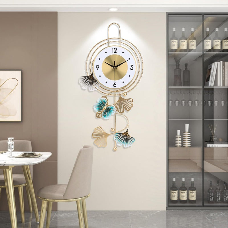 Large Modern Round Wall Clock with Golden Hands & Green Leaf Dial - Large Golden Hands, Green Leaf & Golden Butterfly Numbers, Large Black Face (12.5x25.5 Inch) Silent Non-Ticking Easy-to-Read Analog Clock for Living Room, Be