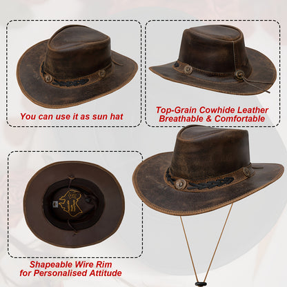 Shapeable Leather Cowboy Hat Into Outback Hat Western Vintage Australian Hats for Men & Women, Festival Unisex Outdoor, High Quality &, Handcrafted Headwear-Stitching, Lightweight Top-Grain Leather, Brass Studs, Adjustable Ch