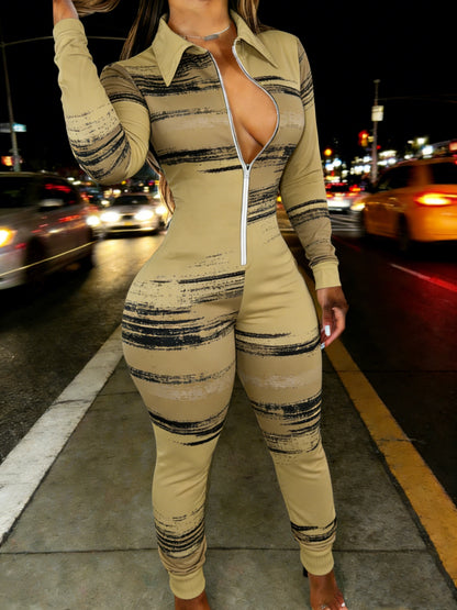 Graffiti Printed Casual Women'S Half Zipper Jumpsuit | Abstract Color Block Splicing, Long Sleeved Lapel, Irregular Line Artistic, Spring Season, Machine Washable