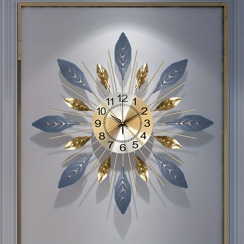 1pc Large Modern Metal Wall Clock 21.6 Inch - Silent Non-Ticking Modern Square/Rectangular Design with Golden-Toned Hands & Blue Leaf Face, White Numerals - Elegant Large Wall Clock for Living Room, Bedroom, Home Decor in Gol