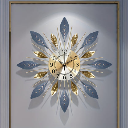 1pc Large Modern Metal Wall Clock 21.6 Inch - Silent Non-Ticking Modern Square/Rectangular Design with Golden-Toned Hands & Blue Leaf Face, White Numerals - Elegant Large Wall Clock for Living Room, Bedroom, Home Decor in Gol