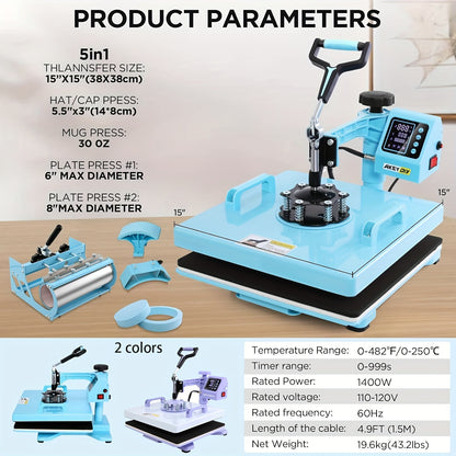 15x15 Inch 5-in-1 Set Heat Press Machine for Everything Transfers, Swing Away Press Machine for T Shirt, Bags, Pillows, Plates(6" And 8"), Tumblers, Mugs, Cups, Hats And Caps(5.5"x3") - Hat Heat Press - 3in 1 Can Only Press H
