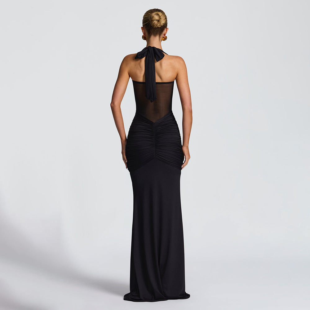 Women's Elegant Ruched Halter Neck Maxi Dress, Slim Fit Summer Party Dress