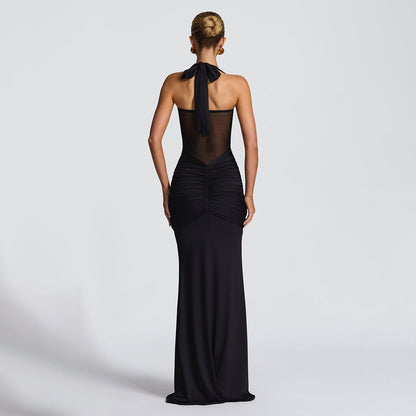 Women's Elegant Ruched Halter Neck Maxi Dress, Slim Fit Summer Party Dress