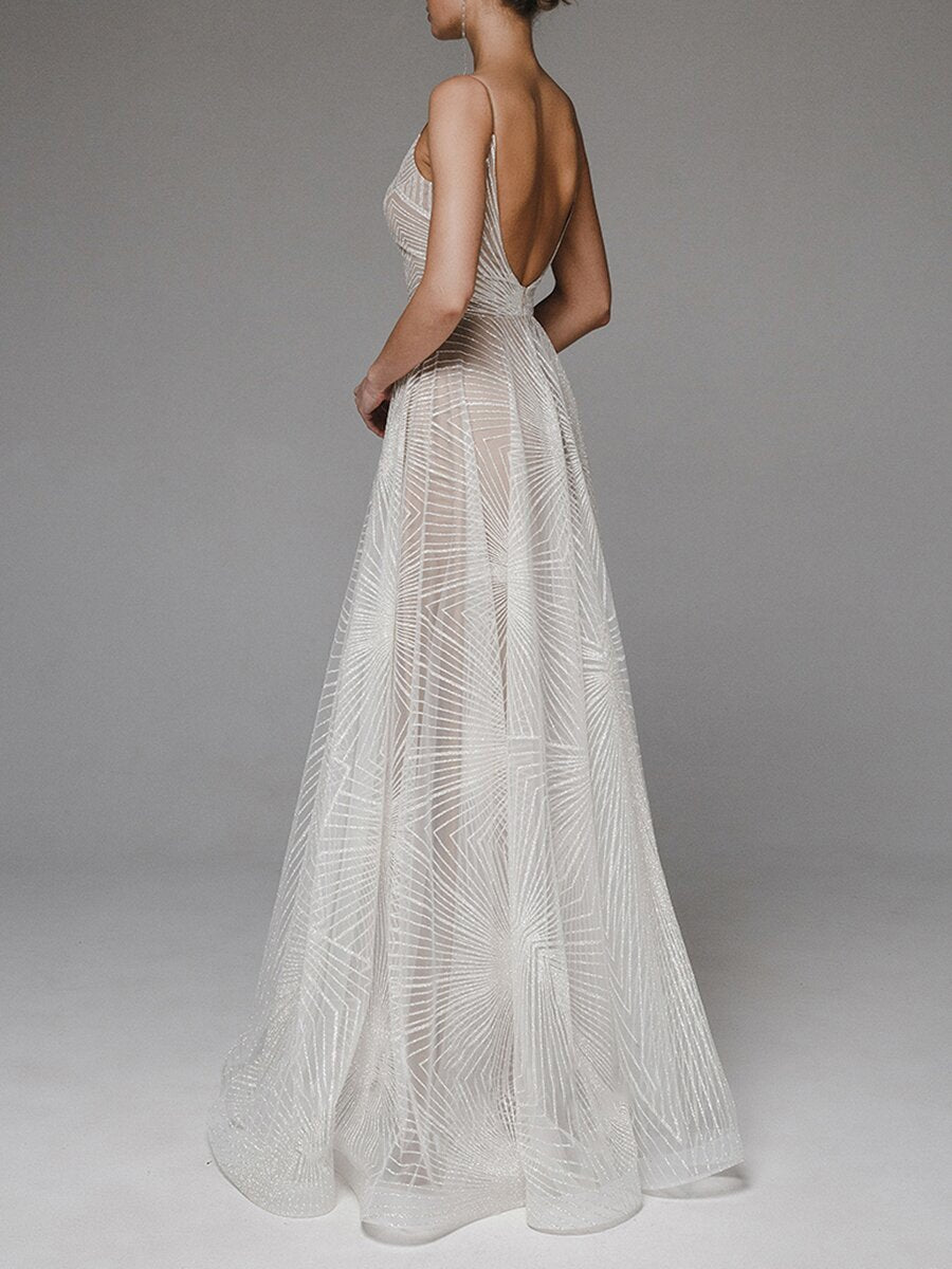 Geometric Beaded Spaghetti Strap V-Neck Flared Wedding Dress, Lightweight Tulle Fitted Gown, Simple and Elegant Style