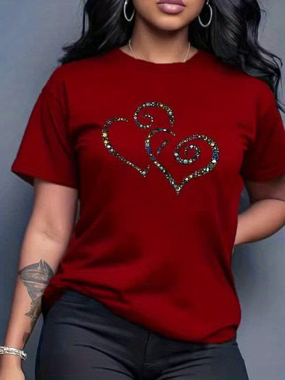 Women's Casual Short Sleeve T-Shirt with Rhinestone-Embellished Heart Print - Round Neck Relaxed Fit, Medium Stretch Fabric, Machine Washable, All-Season Versatile Top for Casual Attire & Vacations (S-XXL, Multi-Color Options