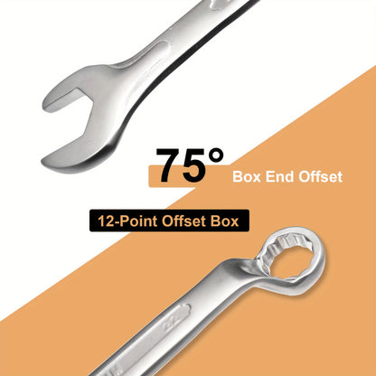 [13pcs Metric Wrench Set] 13pcs Offset Box Wrench Set, Metric Combination Wrench Set 6-24mm | 75° High-Rib, Cr-V Steel, with Rolling up Pouch, for Car, Motorcycle, Bicycle, Repair, Mechanical Tool
