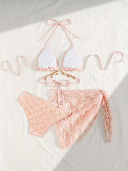 Pink Lace Bikini Three-Piece Set | Tie Halter Design with Pearl Chain, Includes Cover-Up Skirt, Sweet Vacation Beach Swimsuit, High Stretch Fabric
