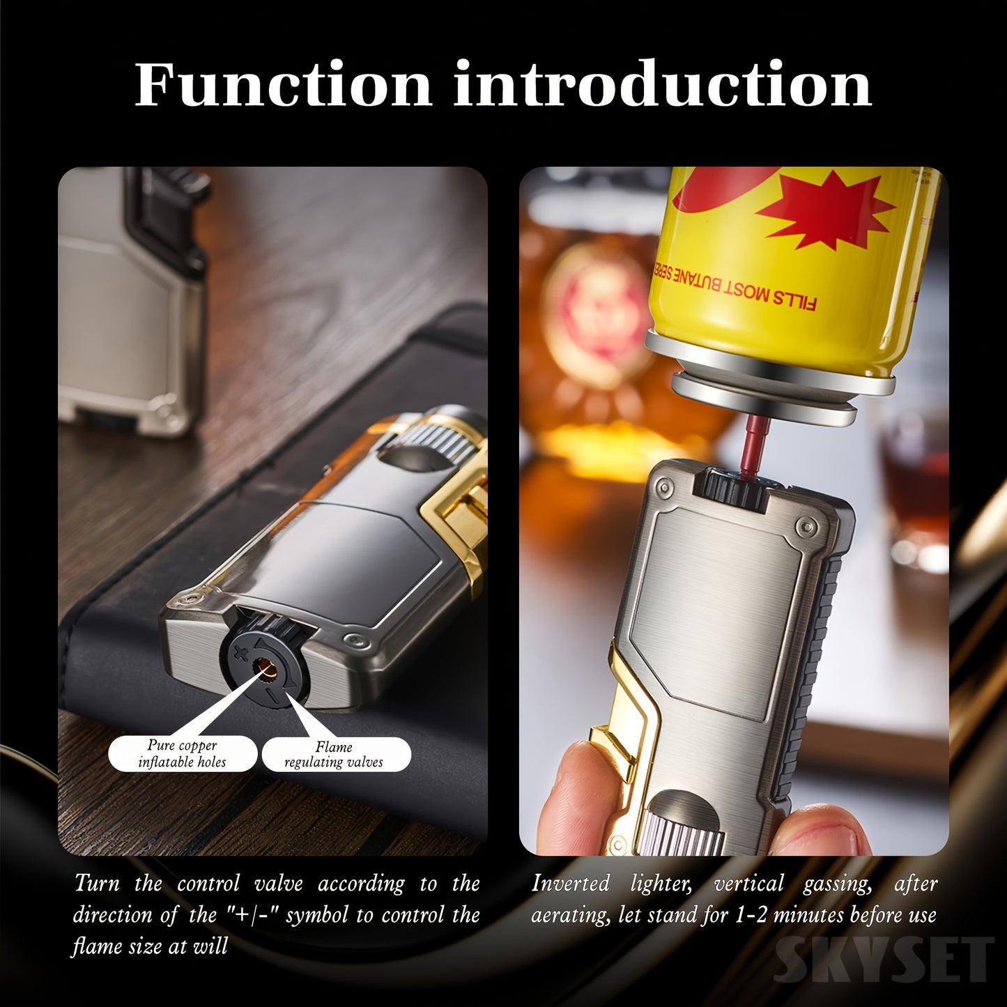 Butane Lighter Available in Three Colors, Featuring a Flame Switch, Windproof Design, And Direct Ignition. This Inflatable Lighter Is Made of Metal And Allows for Flame Size Adjustment