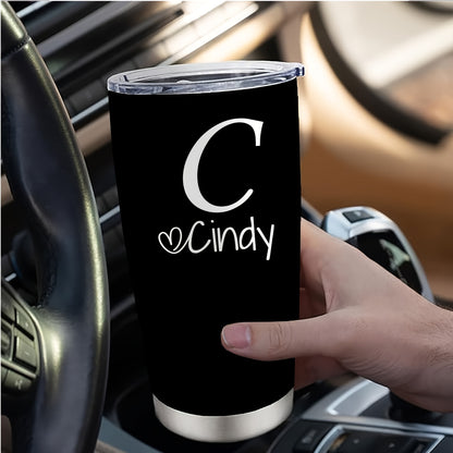 Personalized Stainless Steel Tumbler 20oz - Custom Name/Initials/Text - Double-Wall Insulated Cup with Leakproof Lid & Elegant Cursive Lettering - White with Black Lettering - Ideal Gift for Valentine's, Birthday, Office, Tra