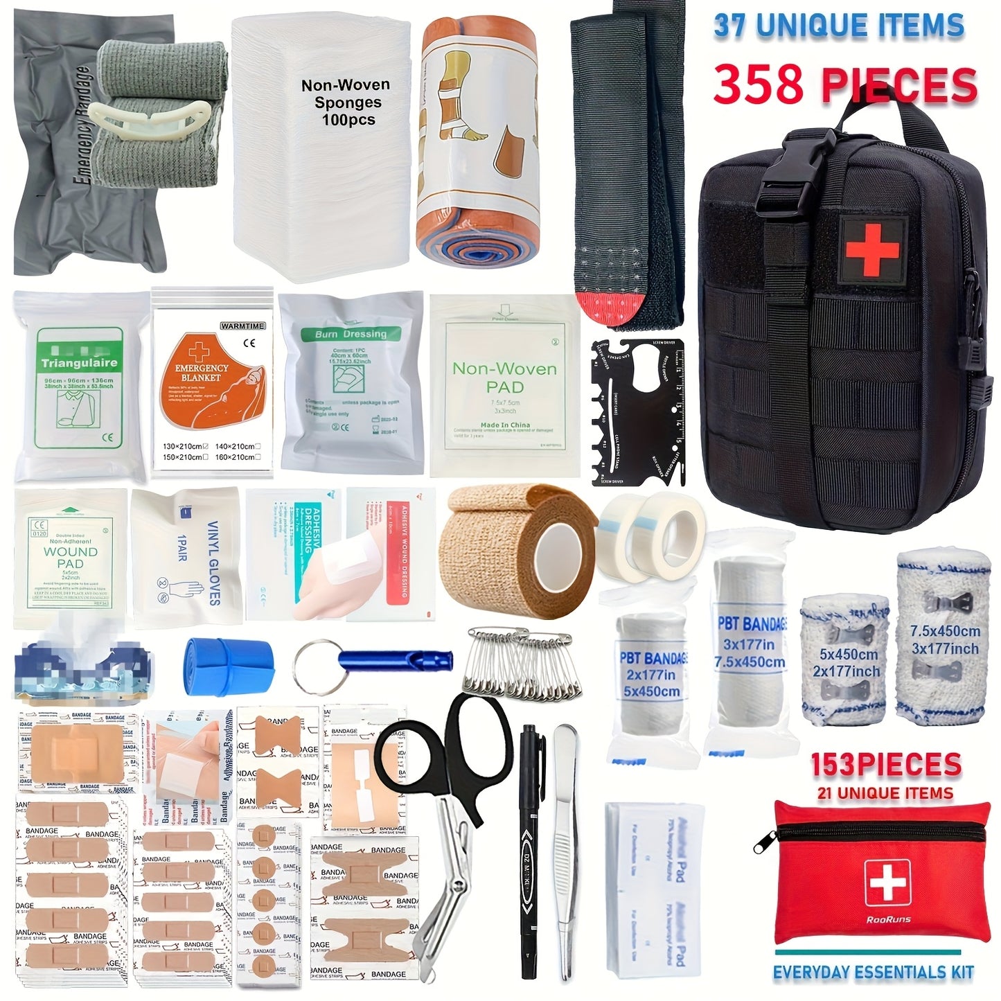 358pcs/153pcs Ultimate Tactical First Aid Kit With IFAK Pack - All-in-One Emergency Supplies, Portable & Durable Orange/Red/ Outdoor Kit With Tweezers, Fracture Splint, Whistle, Scissors & More For Hiking, Camping, Hunting, C