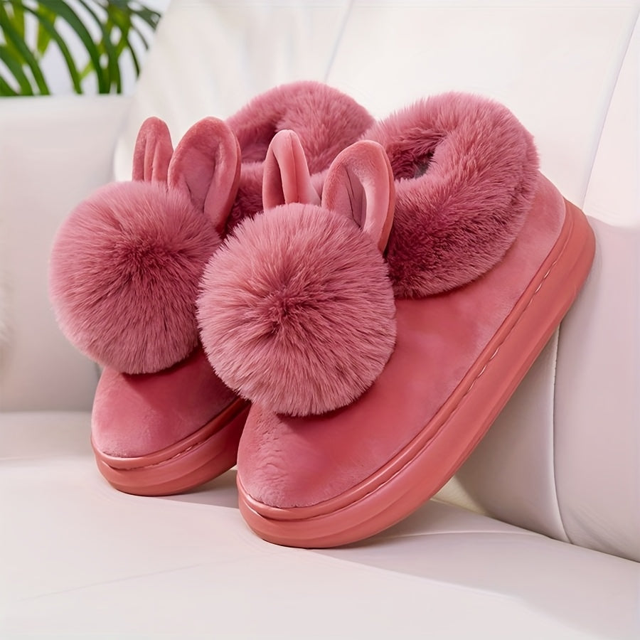 [Cozy House Shoes] 2025 New Autumn & Winter Single Ball Rabbit-Ear Design Warm Slippers for Men & Women - Couples' House Shoes with Thick Sole & Semi-Enclosed Back | Indoor/Outdoor Slides | Lightweight & Quiet Home Footwear |