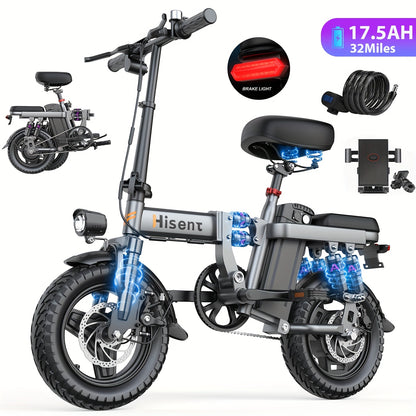 Hisent 740W Folding Electric Bike Is Suitable for Both Adults And Teenagers.14" Tires, 740W Brushless Motor, 48V 6A/10A/15A/17.5A Lithium Battery, Range Of 8-35 Miles, Multiple Shock Absorbers, Alloy Steel Frame, LCD Display