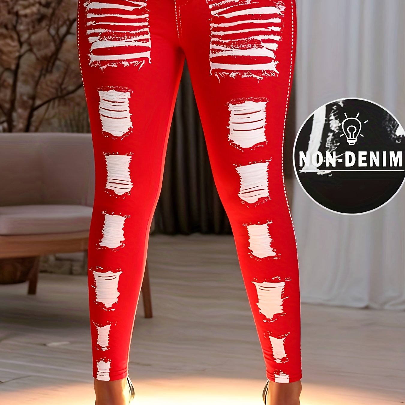 [Printed Pants - Not Denim Fabric] Printed Legging - Not Denim Fabric - Christmas Plus Size Women's Digital Print Denim-Look Leggings, Stretch Polyester, All-Season Casual Slim-Fit Pants, Regular Fit, Adult Sizes, Machine Was