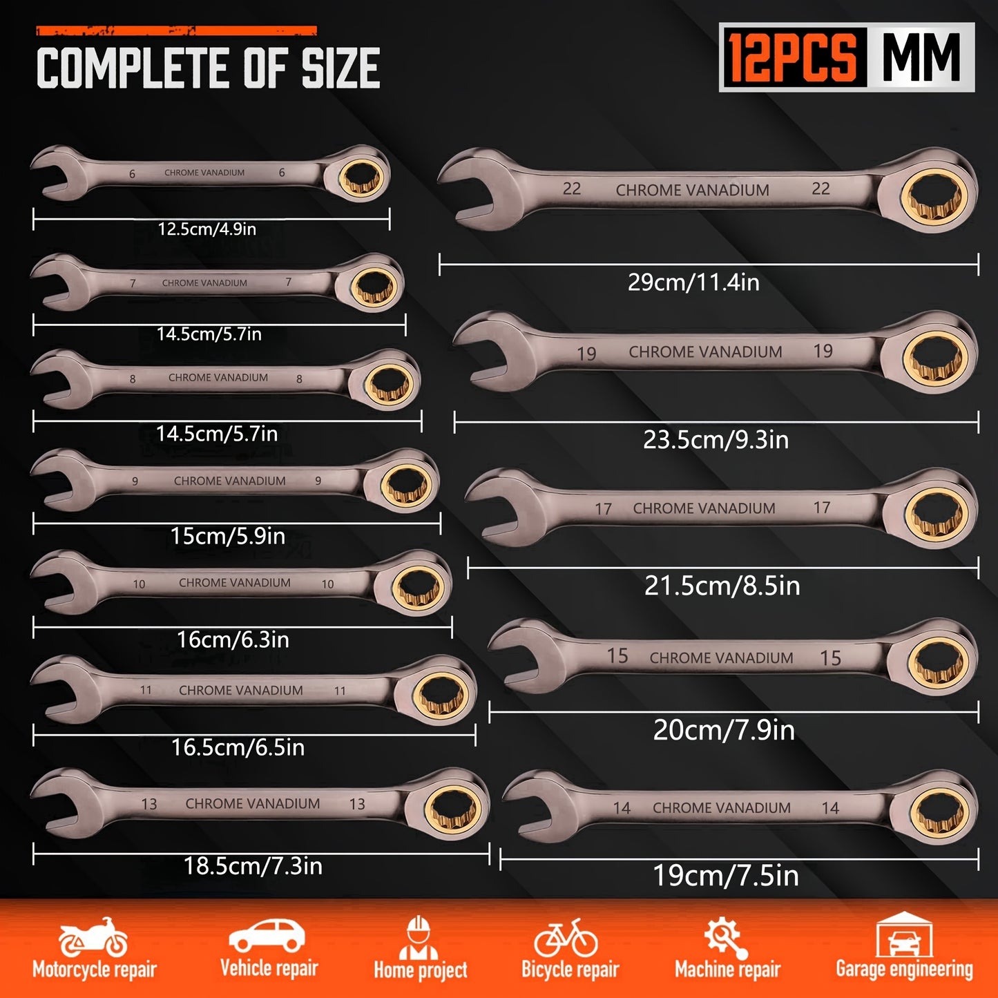 12pcs Professional Ratcheting Wrench Set, 1/4" to 7/8" (6mm-22mm), 72 Teeth, Carbon Steel and Chrome Vanadium, Metric & Imperial, Plastic Stand Included, Tool Organization | Compact Design | Durable Construction, Wrench Set