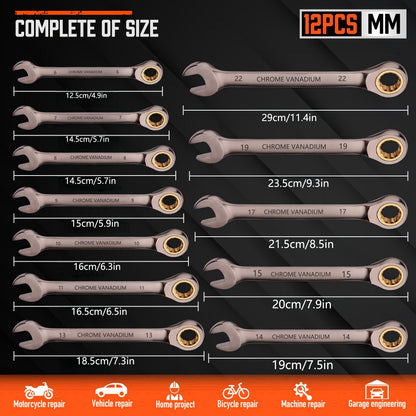 12pcs Professional Ratcheting Wrench Set, 1/4" to 7/8" (6mm-22mm), 72 Teeth, Carbon Steel and Chrome Vanadium, Metric & Imperial, Plastic Stand Included, Tool Organization | Compact Design | Durable Construction, Wrench Set