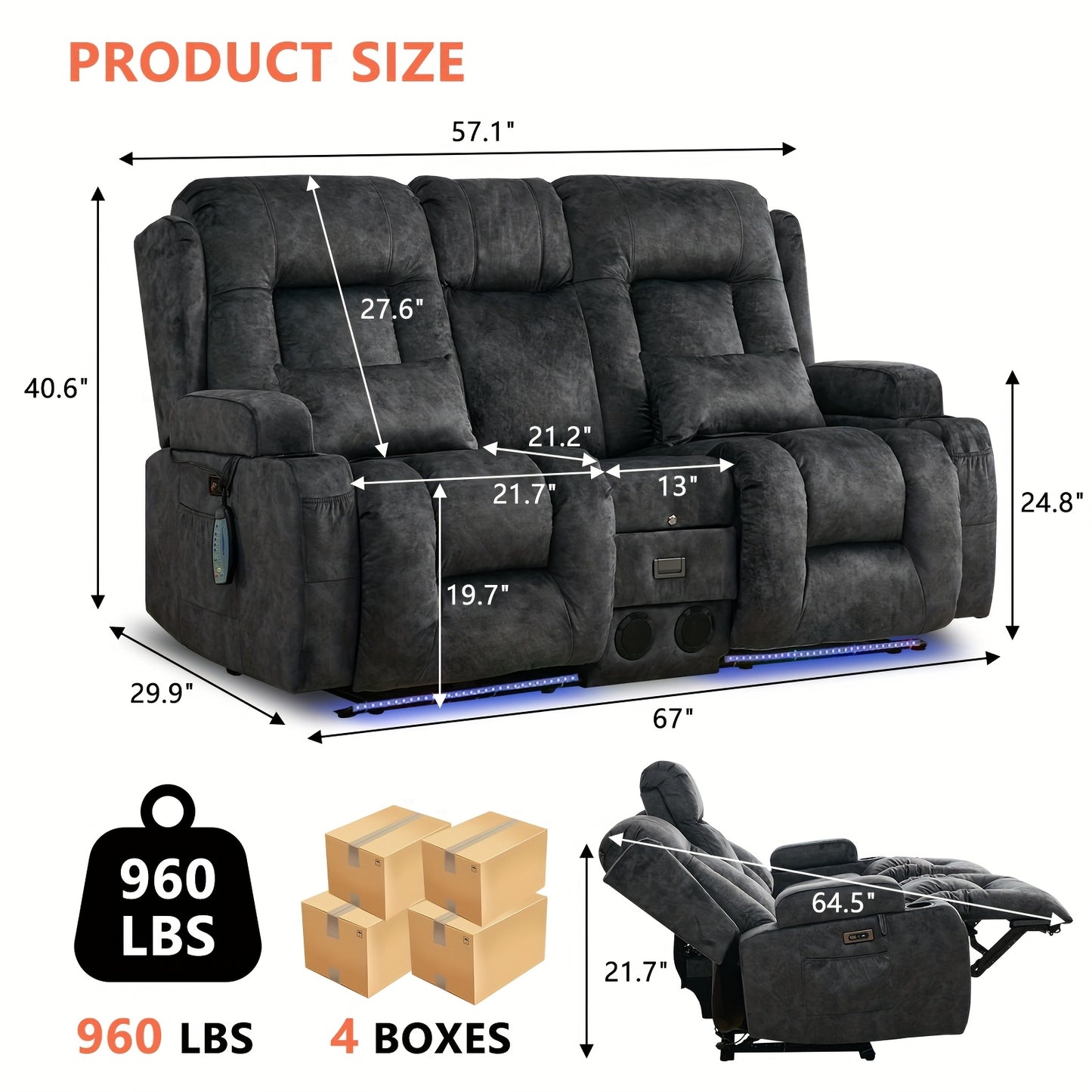 Power Loveseat Recliner Sofa, Home Theater Seating RV Couch with Massage and Heat, Flipped Backrest Console, LED Light, USB Outlets, Velvet