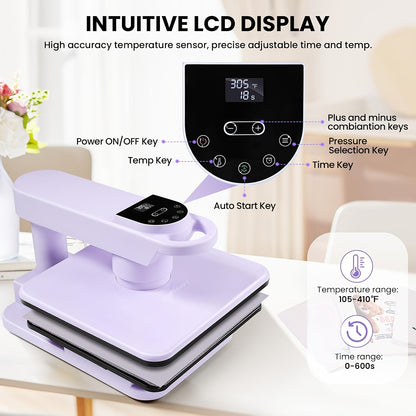 15x15 Inch Swivel Auto Heat Press Machine, 360° Swing Away Smart T-Shirt Printing W/Auto Press & Auto Release & Auto-Off, 7 Adjustable Pressures & 1.85" Higher Heating Height for HTV, Dual-tube Heatinbg, Sublimation, Heat Tr