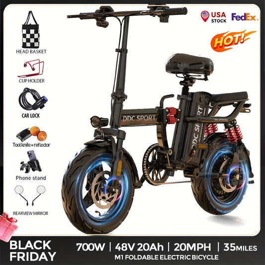 Foldable Electric Bike for Adults & Teens, M1 700W Ebike, 48V 20Ah Removable Battery 32km/h, LCD Display, Perfect for Back to College, Dual Disc Brakes, Commuting, Camping And Giving (Fall Deal)