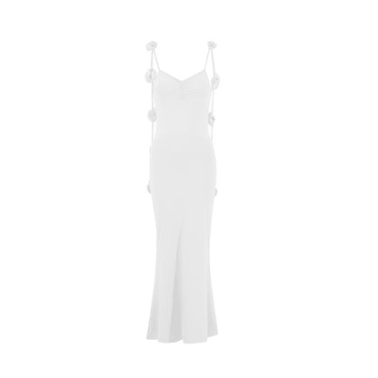 Women's Elegant Backless Evening Gown with 3D Flower Strap - Long Formal Wedding Dress, Prom Dress, Party Dress - Solid Color Round Neck All-Season Hand Washable Dress for Special Occasions