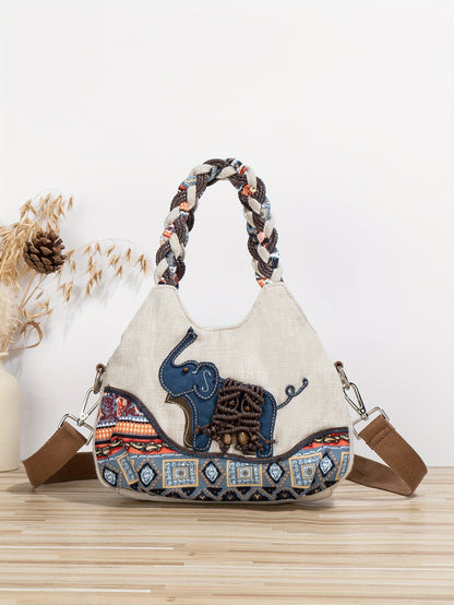 Casual Handwoven Elephant Pattern Crossbody Bag, Portable Multi-purpose Shoulder Bag Handbag