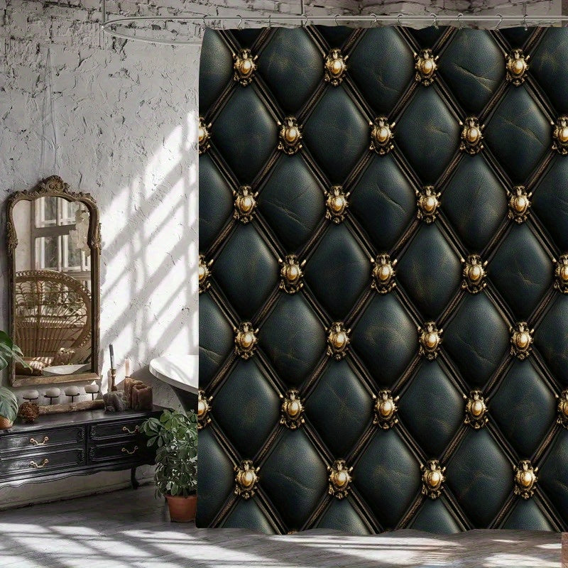 Set of 4 Luxurious Black And Golden Shower Curtains Featuring an Intricate Button Design - Comes with a U-Pad, Cover Cap, And Two Hooks - Made from Polyester, Measuring 31.5X31.5inch, Perfect for Elegant Bathroom Decor, Styli
