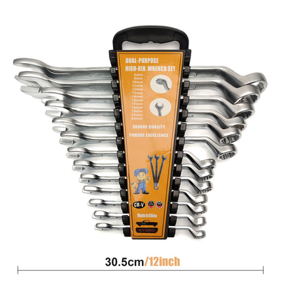 [13pcs Metric Wrench Set] 13pcs Offset Box Wrench Set, Metric Combination Wrench Set 6-24mm | 75° High-Rib, Cr-V Steel, with Rolling up Pouch, for Car, Motorcycle, Bicycle, Repair, Mechanical Tool