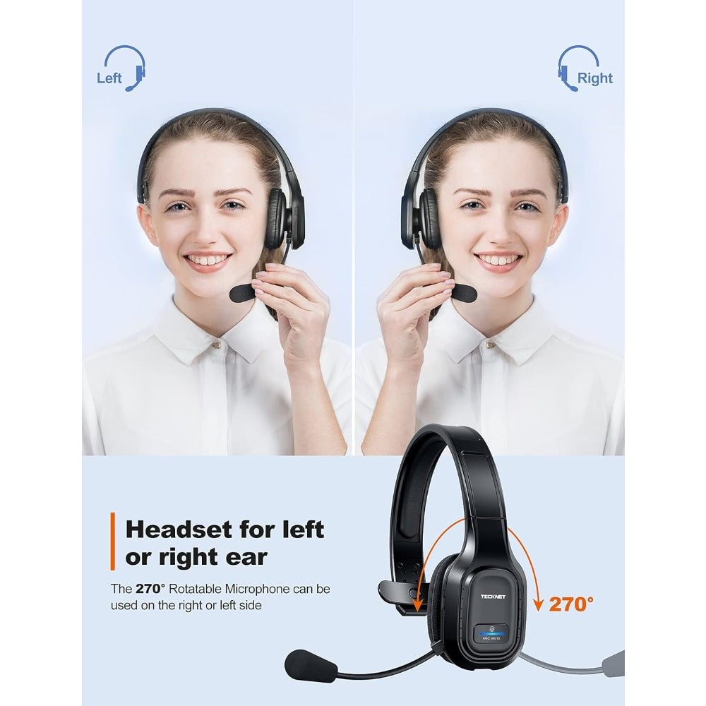 TECKNET Trucker Wireless Headphones with Microphone Noise Canceling Wireless On Ear Headset, Hands Free Wireless Headset for Cell Phone Computer Office Home Call Center skype (Black), Office Headphones, Call Center Equipment,