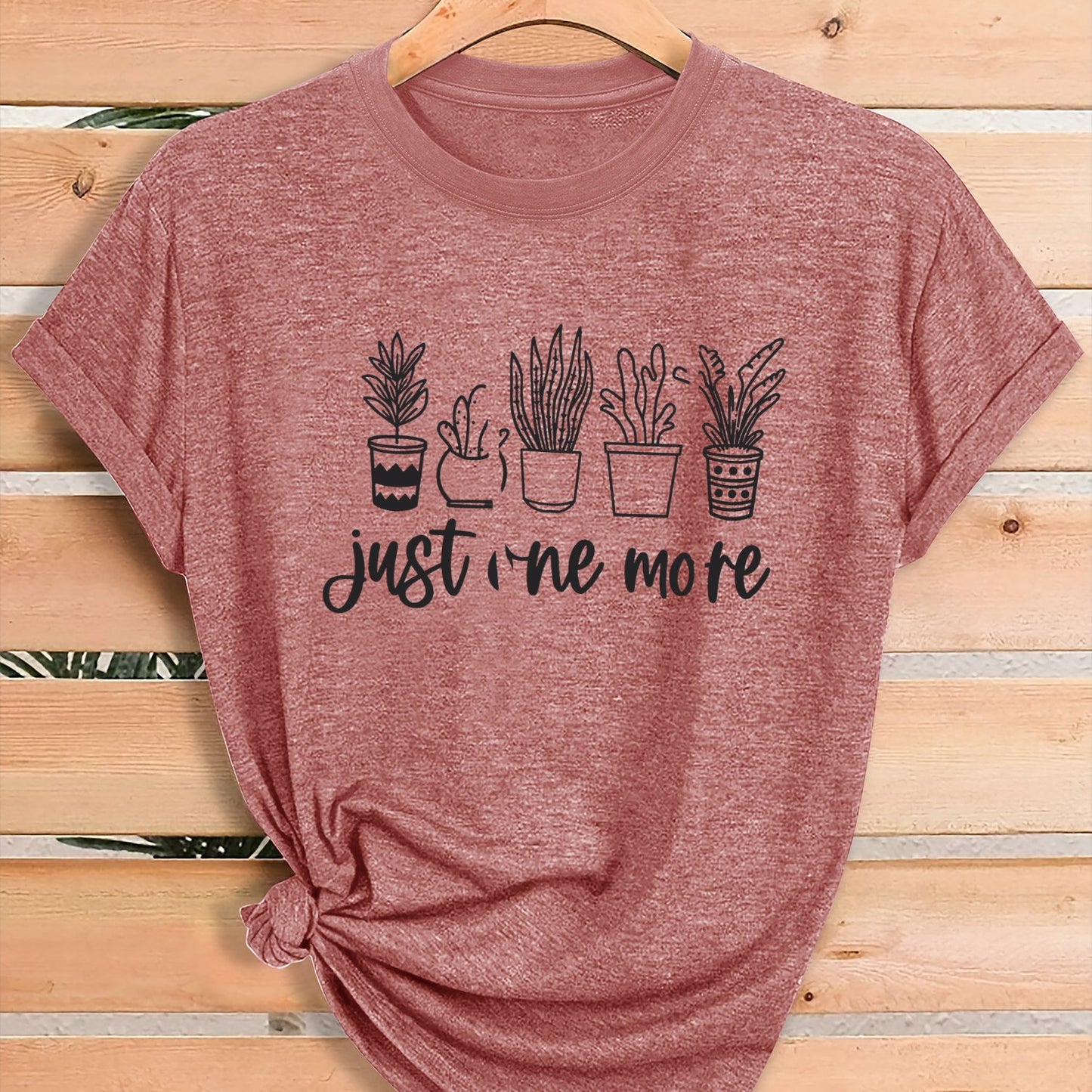 Women'S Green Plant Print T-Shirt with "Just One More" Slogan & Cactus/Succulent Design - Breathable Round Neck Casual Streetwear Top for Gym, Casual Attire, All-Season Comfort - Funny Botanical Graphic Tee for Plant Lovers,