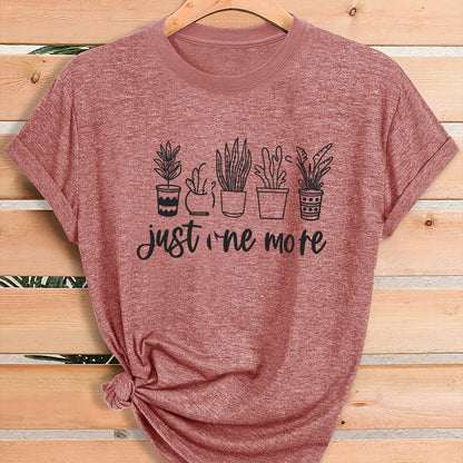 Women'S Green Plant Print T-Shirt with "Just One More" Slogan & Cactus/Succulent Design - Breathable Round Neck Casual Streetwear Top for Gym, Casual Attire, All-Season Comfort - Funny Botanical Graphic Tee for Plant Lovers,