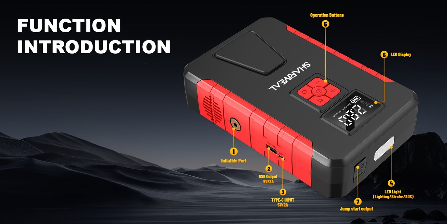 12000A Peak Car Emergency Starter & 250PSI Portable Tire Inflator, 12V (Allgas/ 2.11 Gallons Diesel) Quick Start Vehicle, Portable Car Battery Charger, USB Input/ Output, LED Emergency Light, Auto Additions Tool