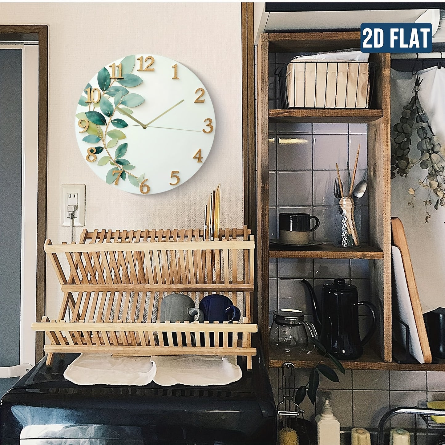 2D Flat Green Leaf Theme Design, Silent Wall Clock for Home Living Room Creative Fashionable Bedroom Hanging Clock Without Battery, 2D Flat
