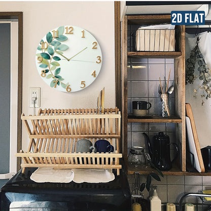 2D Flat Green Leaf Theme Design, Silent Wall Clock for Home Living Room Creative Fashionable Bedroom Hanging Clock Without Battery, 2D Flat
