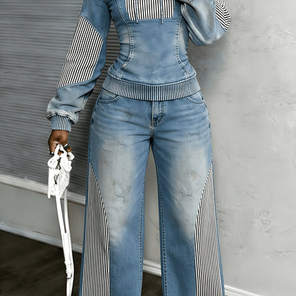 [Printed Pants - Not Denim Fabric] [Non-denim] Women's Flat Print Trendy Casual Long-Sleeved Hooded Drawstring Sport Top + High-Waisted Sport Pants]