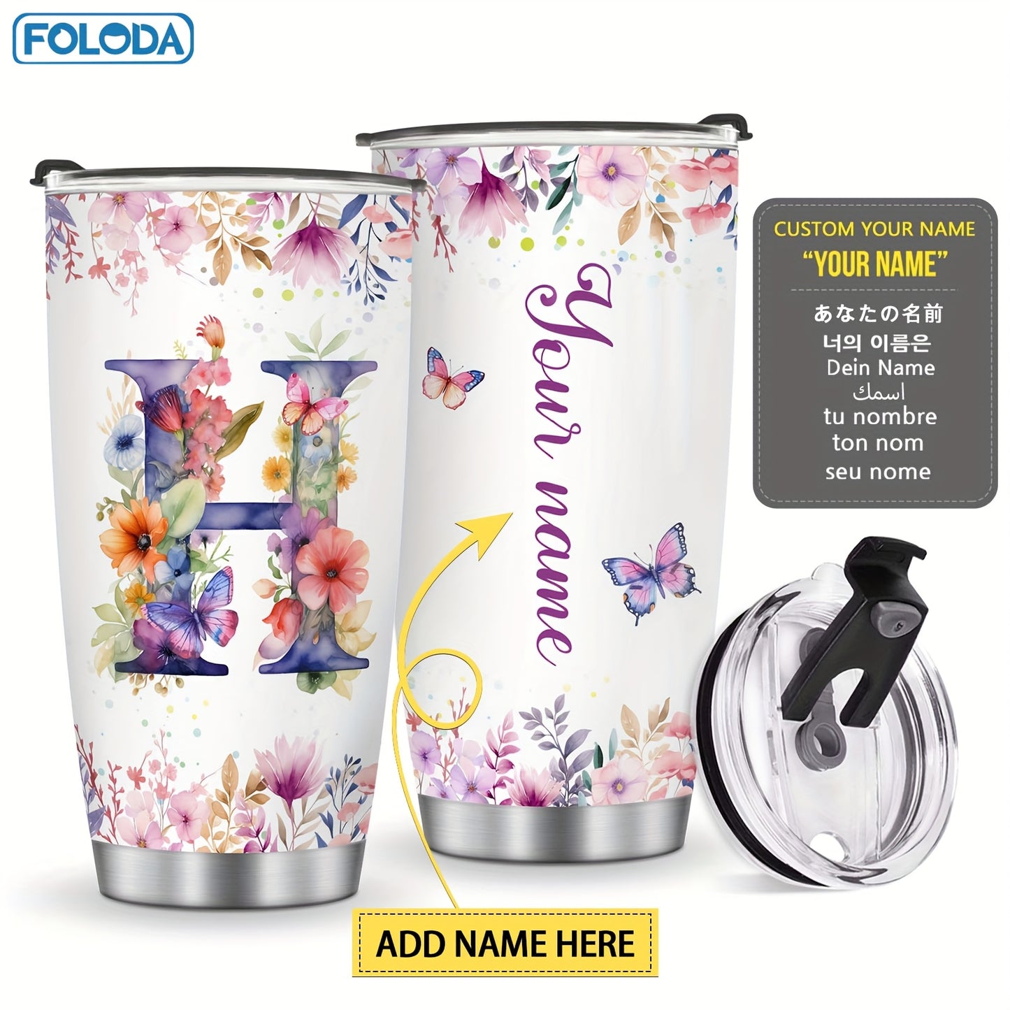 Foloda 1pc Personalized Flower Initials Tumbler Christmas Gift 20oz Mug with Letter Flower Butterfly, Travel Cup for Wedding Birthday Graduation Party, Birthday Valentine's Day Mother's Day Gifts Stainless Steel Mug with Lid