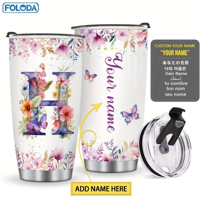 Foloda 1pc Personalized Flower Initials Tumbler Christmas Gift 20oz Mug with Letter Flower Butterfly, Travel Cup for Wedding Birthday Graduation Party, Birthday Valentine's Day Mother's Day Gifts Stainless Steel Mug with Lid