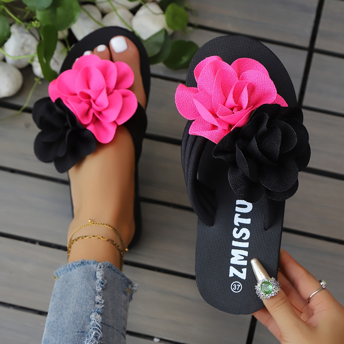 Women's Slip-On Floral sandal - Slipresistant Rubber Sole, Pink & Yellow Floral pattern, Cushioned insole - All-Season Beach, Casual, Formal Footwear - Easy-Clean Women's Shoes