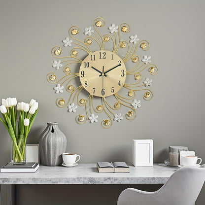 1pc Silent Luxury Wall Clock with Floral Design - Golden Metal Frame, Black Hands, Ideal for Living Room, Bedroom, Study, Entrance & Dining Room Decor - Perfect Mother'S Day or Housewarming Gift, Clock Wall Decor